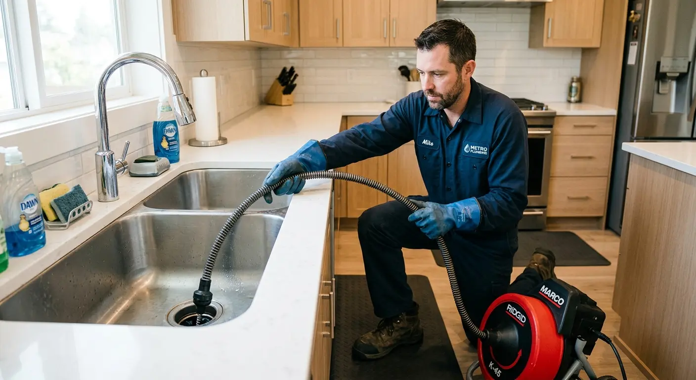 Drain cleaning technician using a motorized snake on a kitchen sink in Wyandotte