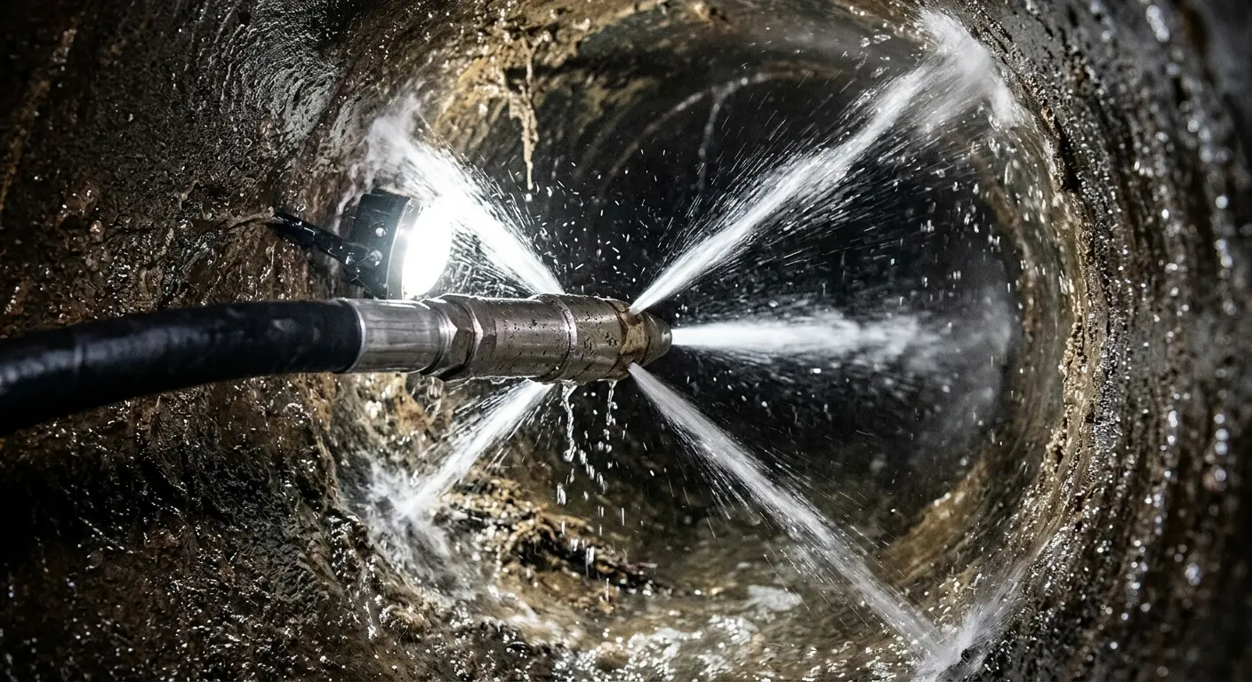 High-pressure hydro jetting nozzle cleaning sewer pipe for Trenchless Sewer Repair in Wyandotte