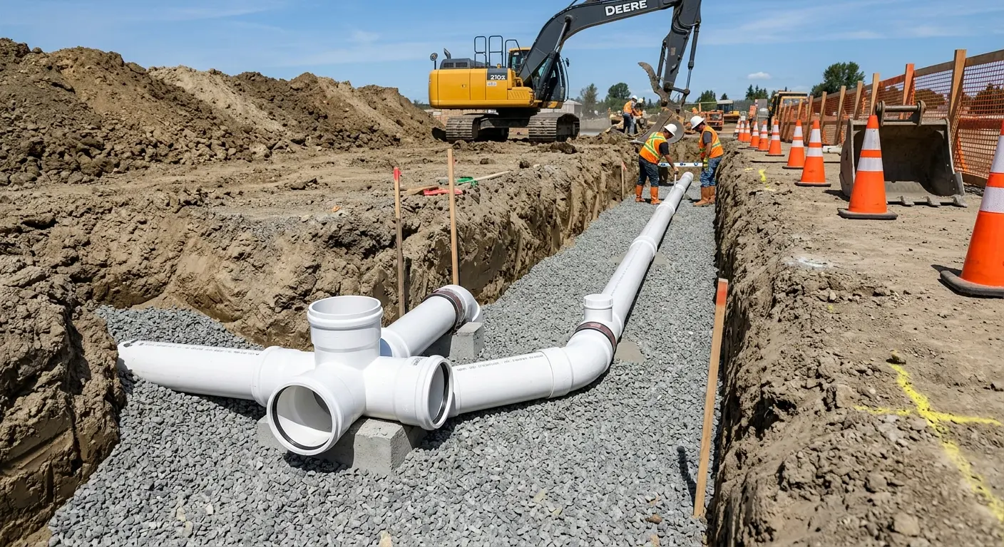 New PVC sewer pipe installation in open trench for Grease Trap Cleaning in Wyandotte