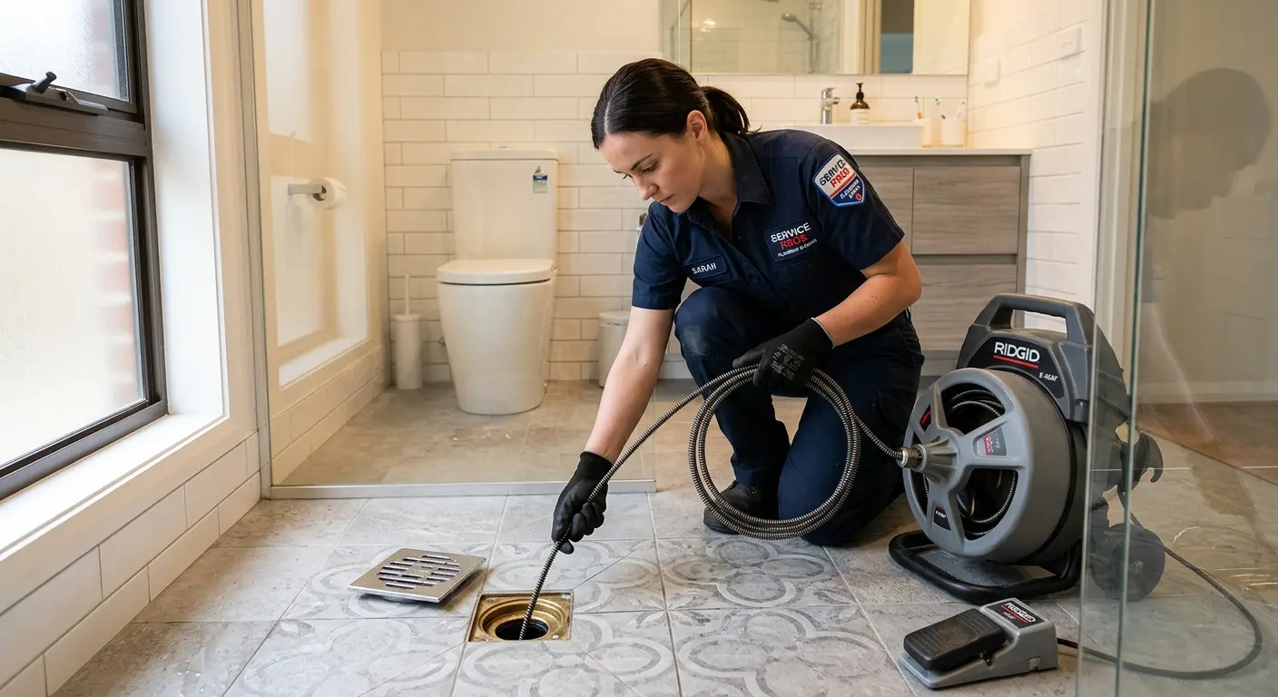 Technician clearing a bathroom floor drain for Sewer Line Installation in Wyandotte